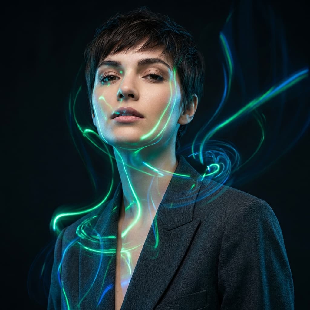 Professional fashion model showcasing high-end photo retouching results