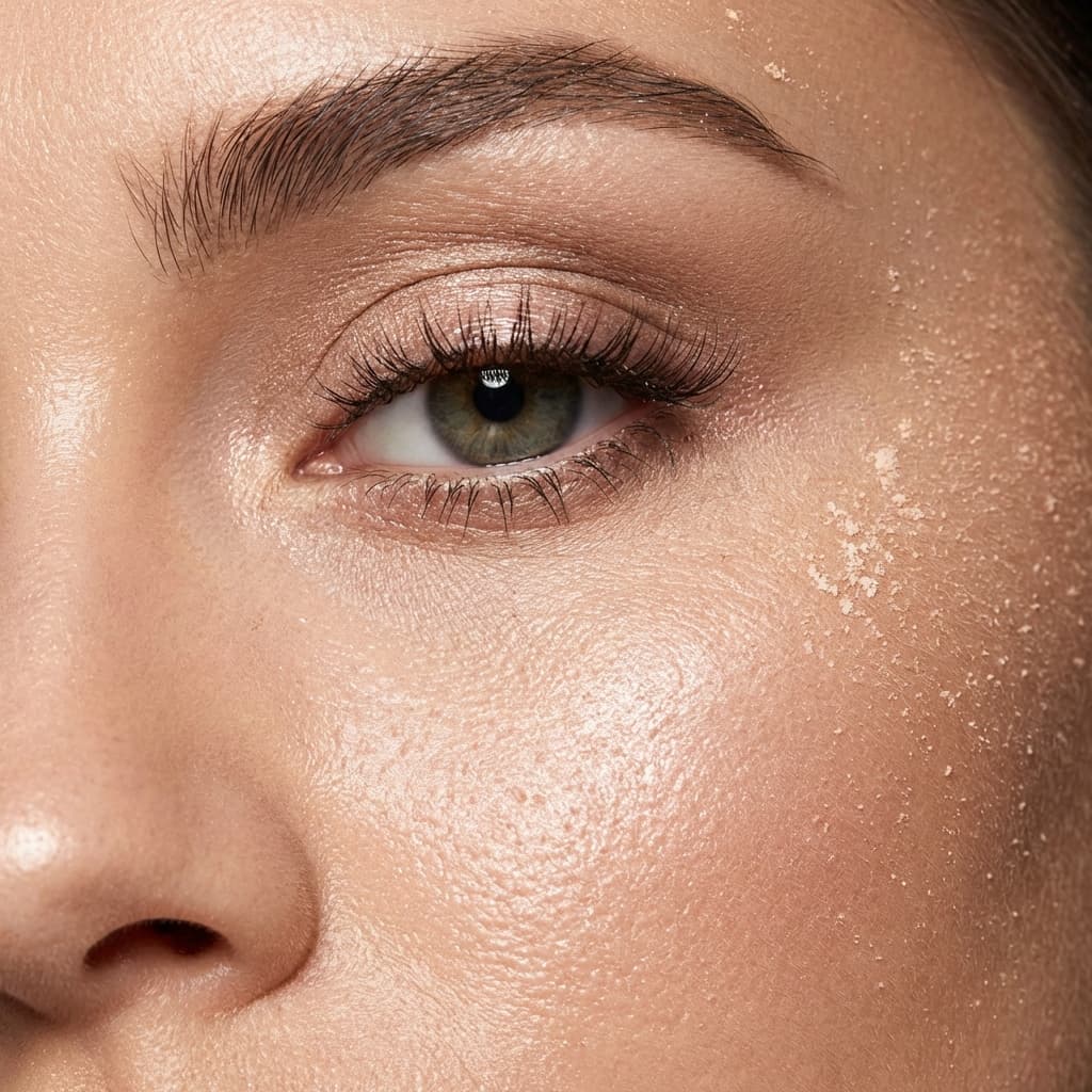 Macro beauty retouching focusing on skin texture and cosmetics details